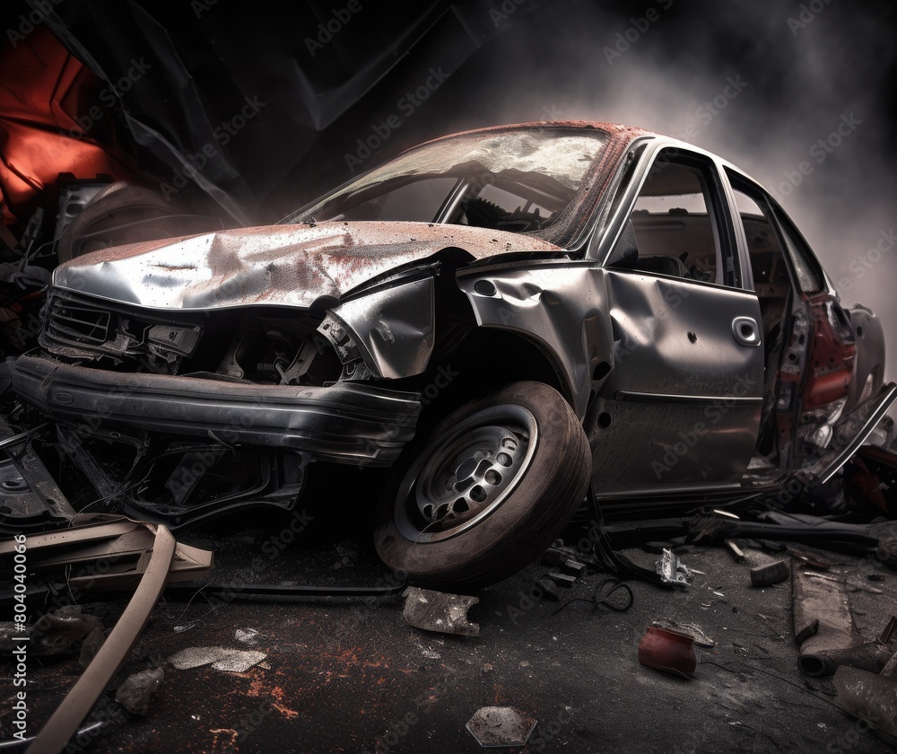 Fototapeta premium Dramatic Scene of a Wrecked Car in Smoke and Debris After Accident