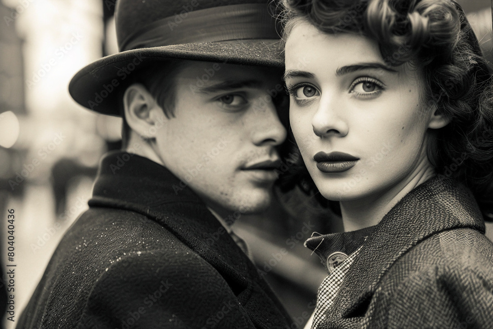 Retro video film noir visually stunning composition of young pretty couple black white concept generative Ai Retro video film noir visually stunning composition of young pretty couple black white concept generative Ai