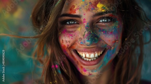 A Playful Holi portrait of a young woman  Vibrant Colors and Smiles