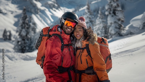 pair of afro american man and asian woman ski and snowboard in snowy mountains