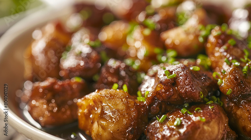 Delicious close-up of succulent glazed chicken bites sprinkled with fresh herbs in a serving bowl