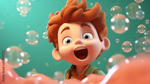 Artistic 3D render of a charming character with a playful toyinspired face blowing bubbles against a softhued random color background photo