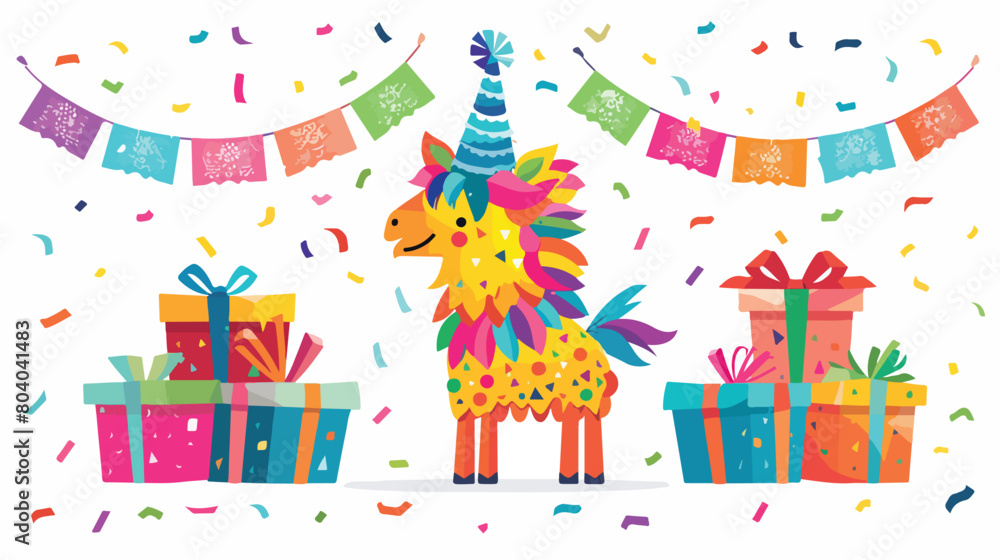 Mexican pinata with party hat and gifts on white backgroun