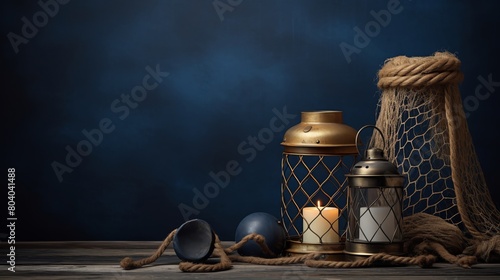 Artistic photo of weathered fishing nets and an antique brass candle lantern displayed on a solid navy background ideal for a coastal decor theme photo
