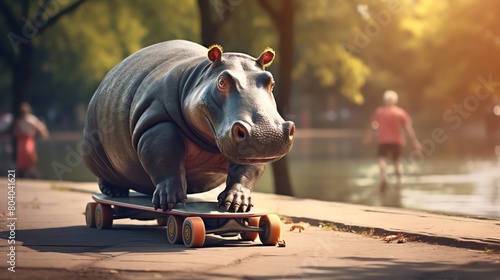 Charming and quirky photo of a hippo on a customdesigned skateboard gliding across a park with children playing in the background