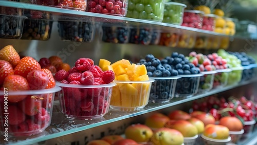 Vibrant Fruit Cups with Berries Displayed on Shelves for Fresh Snack Choices. Concept Fresh Snacks, Fruit Cups, Vibrant Display, Healthy Choices, Berry Selection
