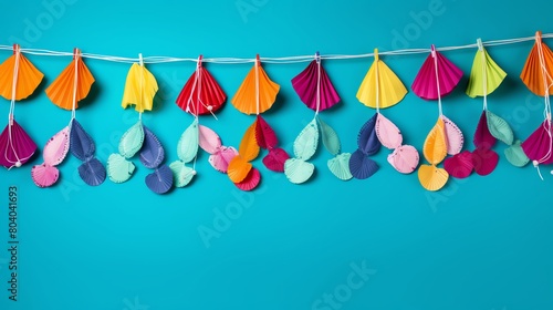 Colorful flipflop garland creatively draped against a solid turquoise background perfect for summer party decorations or beachthemed events photo