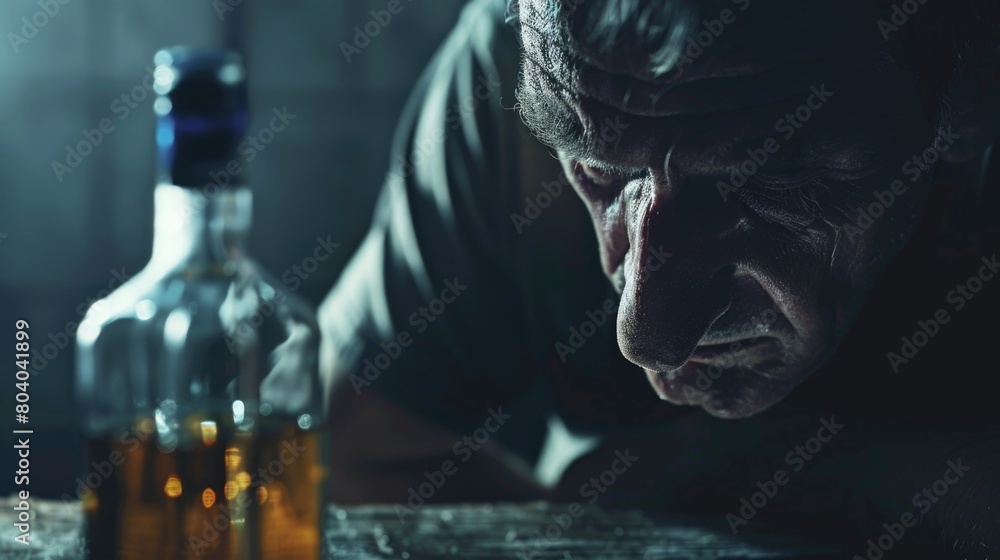 A man leaning over a table next to a bottle of alcohol. Suitable for lifestyle or addiction concepts