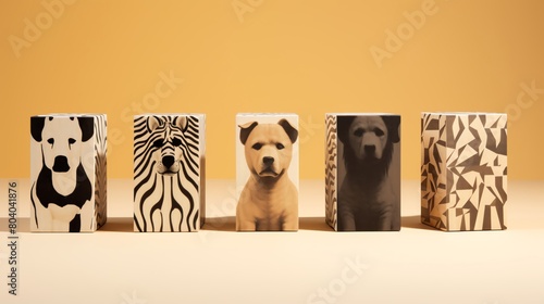 Contemporary styled image of a cubeshaped dog each side showing different coat patterns displayed against a solid beige background perfect for petrelated advertising or unique merchandise designs photo