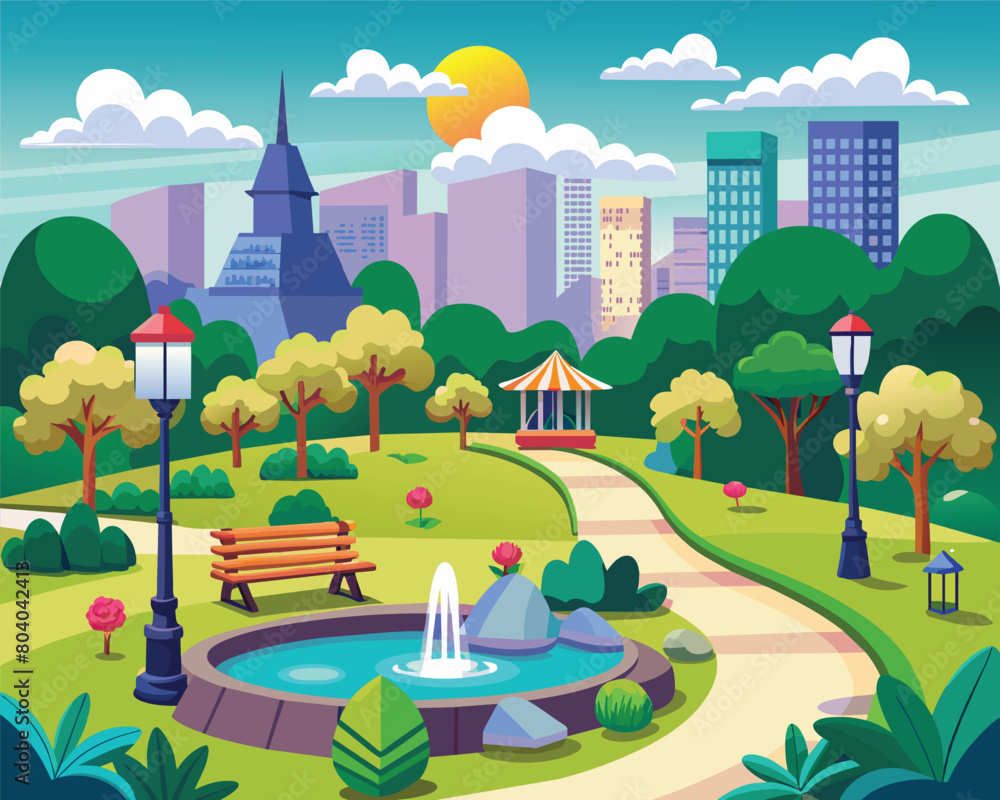 Green park with beautiful landscape and mountains vector illustration