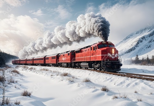 Red train plowing thrugh deep snow , leaving a mist of snow behind it photo