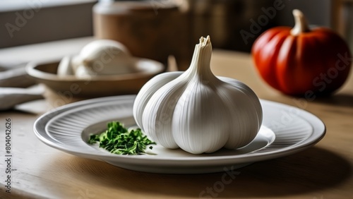  Autumn Harvest Garlic and Pumpkin on a Plate