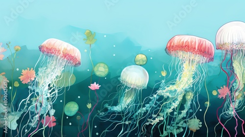 Minimalist yet colorful watercolor illustration focusing on the delicate textures of jellyfish and anemones arranged against a solid teal background emphasizing the beauty and mystery of the ocean dep