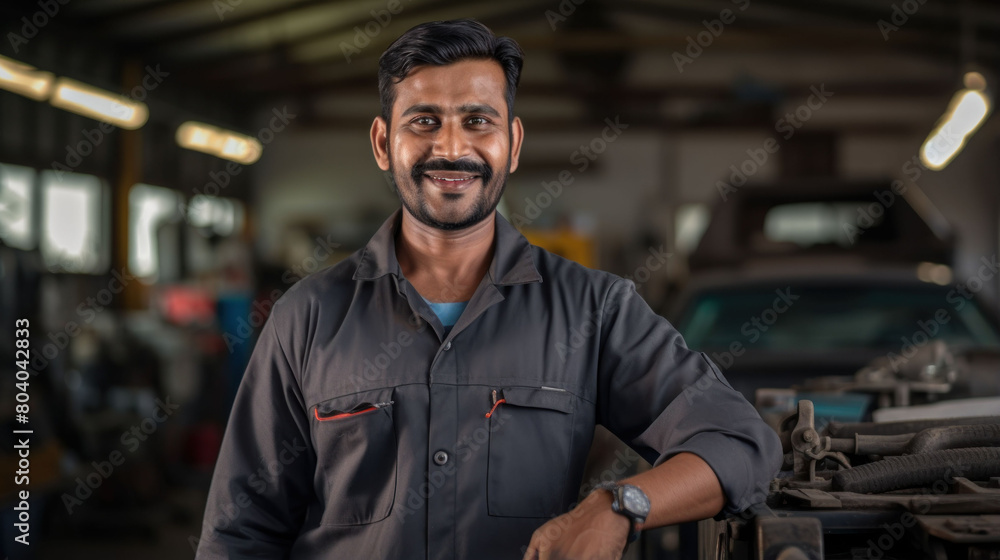 Happy Indian auto mechanic in overalls repairing cars at service center
Happy Indian auto mechanic in overalls repairing cars at service center