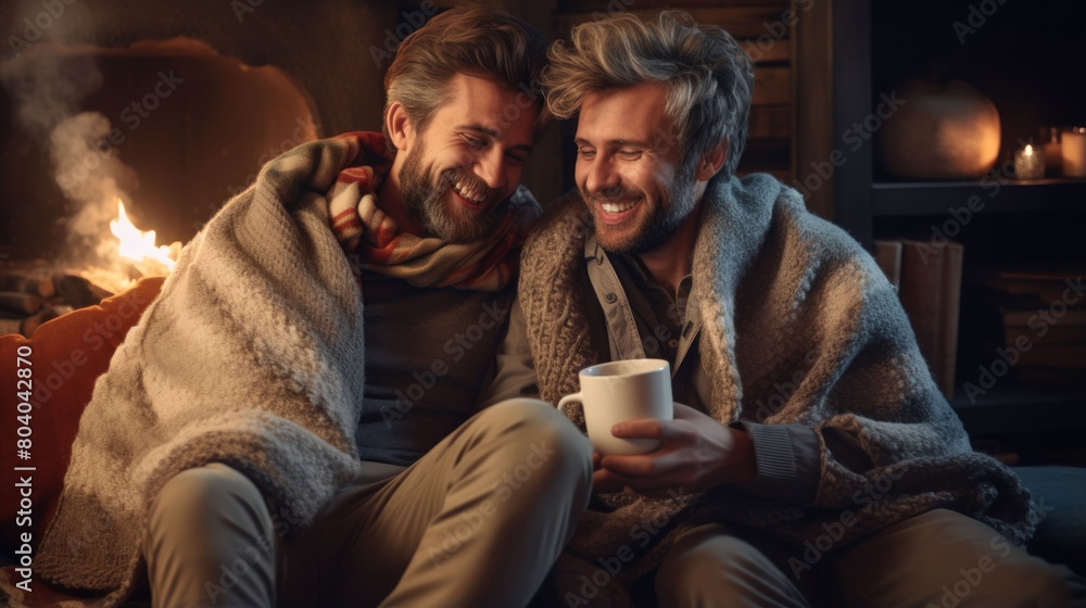 Two happy male friends relaxing sitting on the sofa drinking hot cocoa and wrapped in a blanket Two happy male friends relaxing sitting on the sofa drinking hot cocoa and wrapped in a blanket