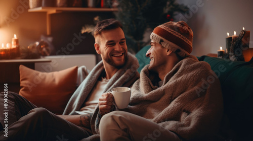 Two happy male friends relaxing sitting on the sofa drinking hot cocoa and wrapped in a blanket photo
