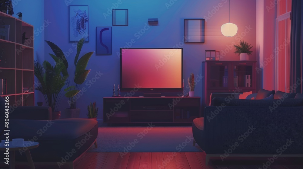 TV screen on wall in living room with black sofa at rear. Modern realistic interior with couch, LCD TV display on blue wall and wooden floor. TV screen on wall in living room with black sofa at rear. Modern realistic interior with couch, LCD TV display on blue wall and wooden floor.