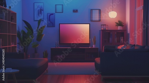 TV screen on wall in living room with black sofa at rear. Modern realistic interior with couch, LCD TV display on blue wall and wooden floor. photo