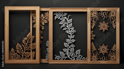 Set of square photo frames with openwork floral pattern .Generative AI photo