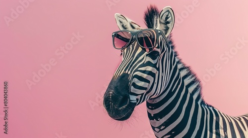 creative animal concept. A Surreal Encounter A Zebra Adorned in Sunglasses  Emerging from a Dreamlike Pastel Landscape