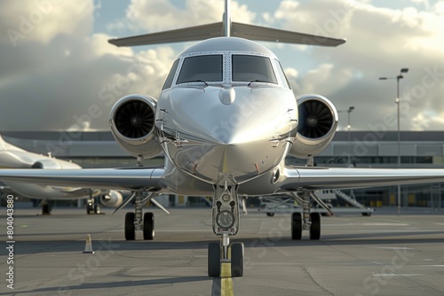 A silver airplane parked on the airport tarmac. Suitable for travel and transportation concepts