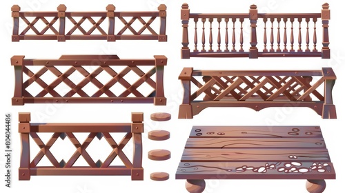 Set of 3d modern realistic illustrations of wooden fences, handrails, balustrade sections patterned with rhombuses or grates, balcony panels, stairway or terrace fencing architecture, isolated design