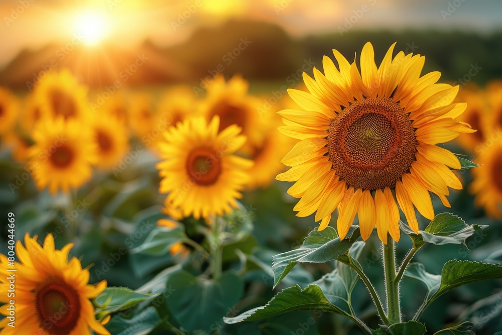 Fototapeta premium Beautiful field of blooming sunflowers against sunset golden light and blurry mountains landscape background