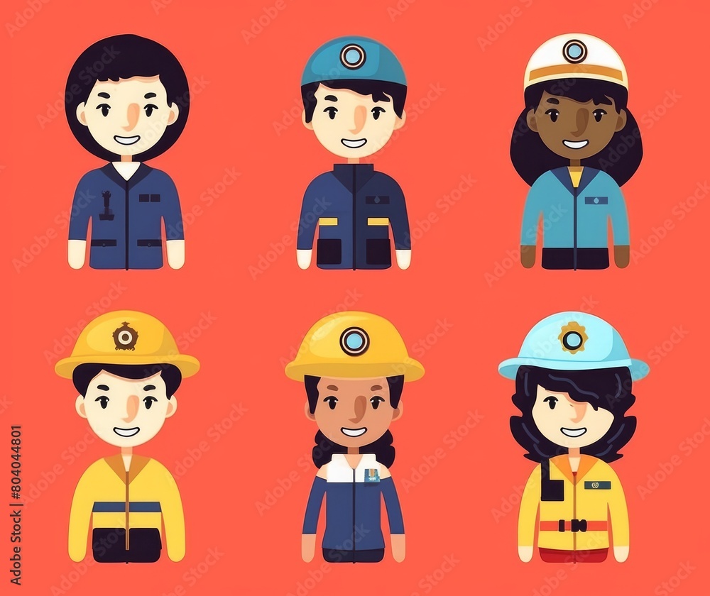 Professional Cartoon Characters in Various Uniforms Illustration on Red Background Professional Cartoon Characters in Various Uniforms Illustration on Red Background