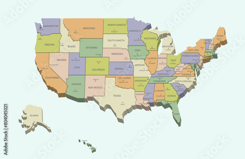 USA map with divided States. Vector political map with capital cities in 3D style. Infographic set with United States of America administrative divisions, states and simplified geographical boundaries