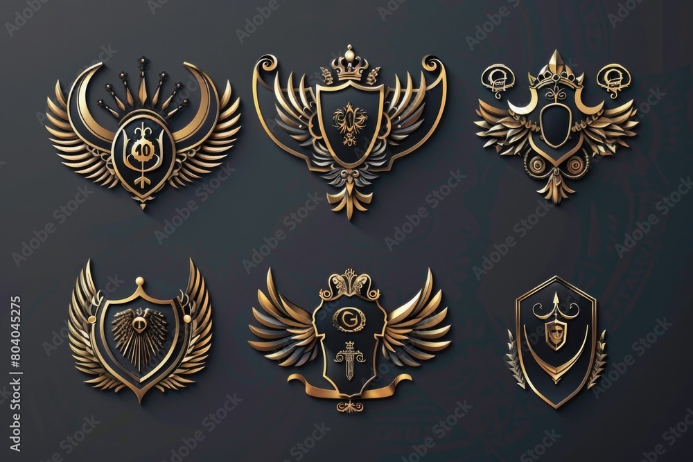 Elegant golden emblems on a sleek black background. Perfect for luxury branding projects Elegant golden emblems on a sleek black background. Perfect for luxury branding projects