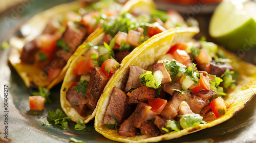 Juicy tender grilled beef taco, loaded with fresh vegetables and herbs on a rustic surface