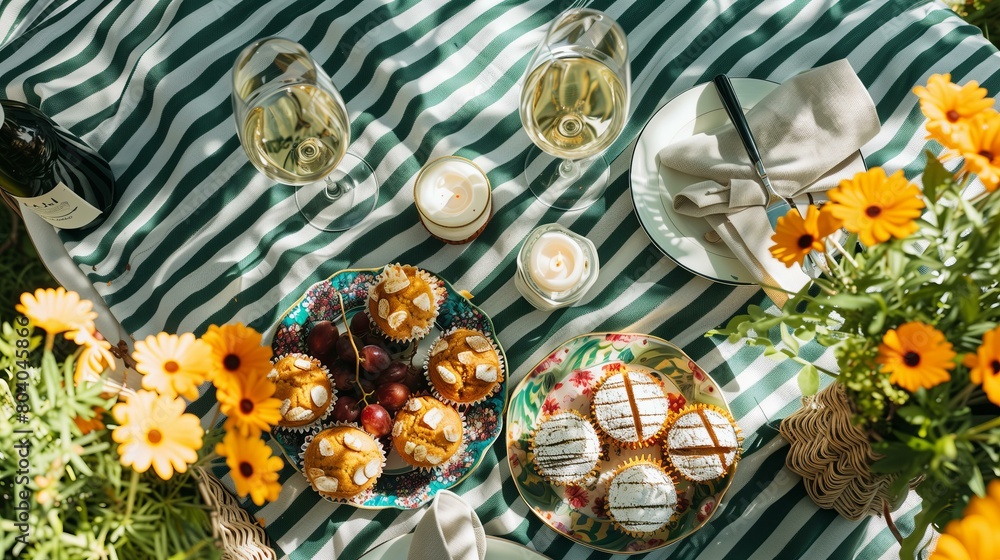 top view of a picnic green and white striped cloth, porcelain ornate plate with muffins and cheese and wine glasses, elevated picnic