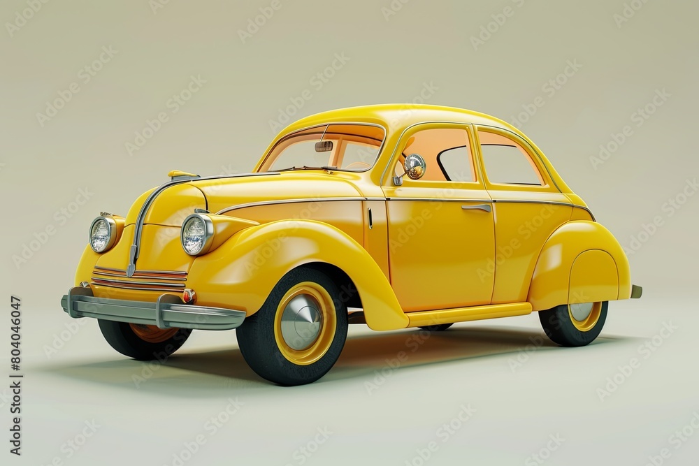 A yellow retro vintage car is displayed on a gray background. Generative AI