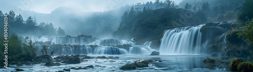 Layers of mist rising from the bottom of the waterfall, adding an ethereal quality to the scene photo