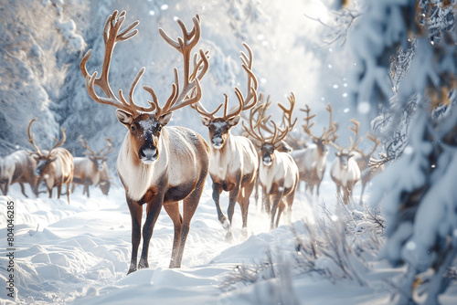 Winter wonderland with a herd of majestic reindeer wandering through the snowfilled forest