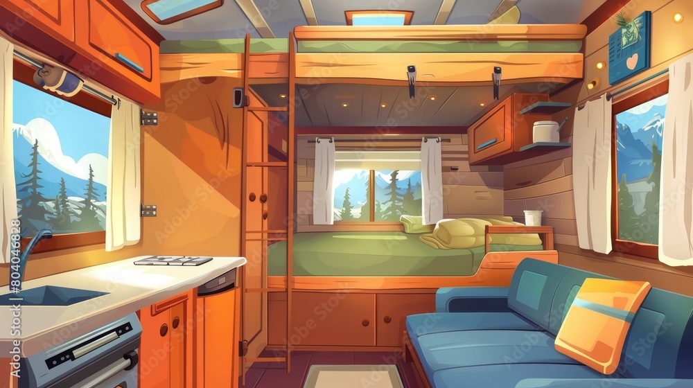 This cartoon advertisement poster depicts an interior of a traveling RV ...