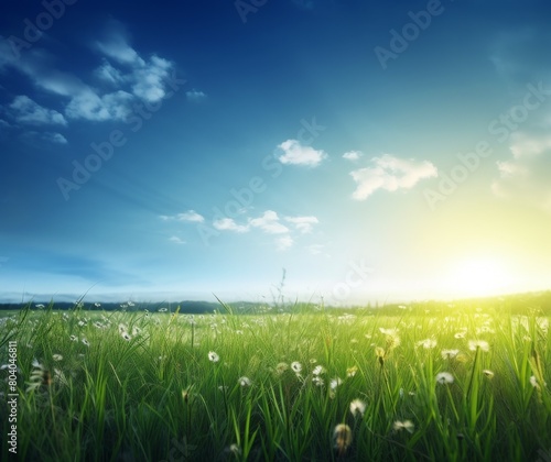 Serene Sunrise Over Lush Green Meadow with Dandelions
