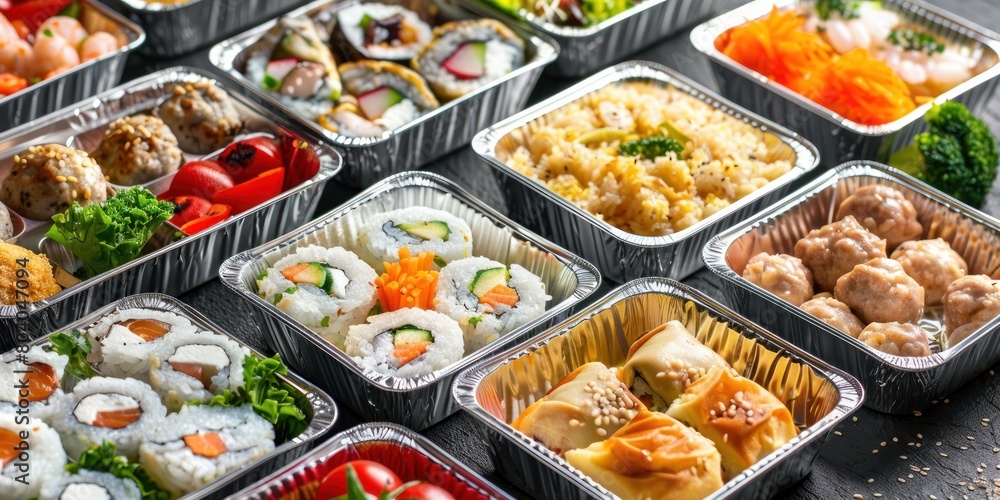 A collection of various healthy meal containers in aluminum foil boxes, arranged neatly on top of each other. The containers include different types of dishes. A collection of various healthy meal containers in aluminum foil boxes, arranged neatly on top of each other. The containers include different types of dishes.