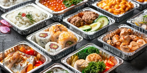 A collection of various healthy meal containers in aluminum foil boxes, arranged neatly on top of each other. The containers include different types of dishes.