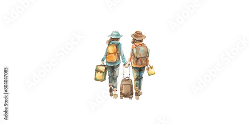  watercolor, couple holding hands and wearing backpacks with luggage on white background
