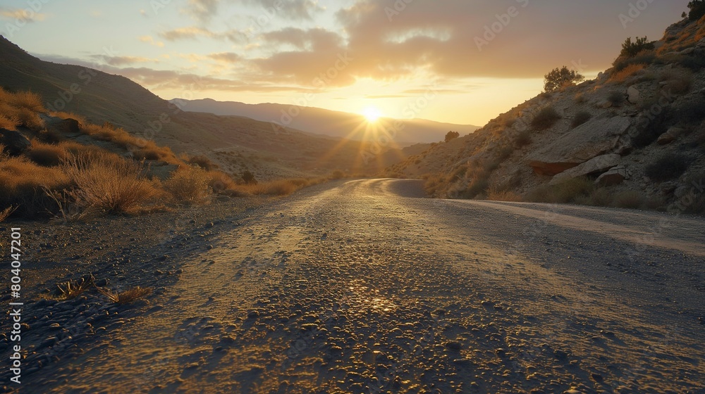 At sunset, a low-level view of a deserted old paved road in a mountainous area
