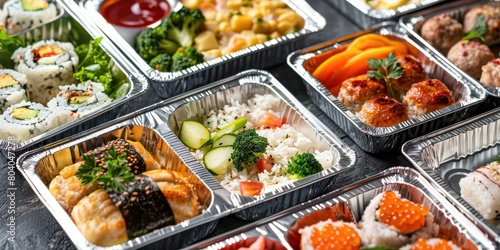 A collection of various healthy meal containers in aluminum foil boxes, arranged neatly on top of each other. The containers include different types of dishes.