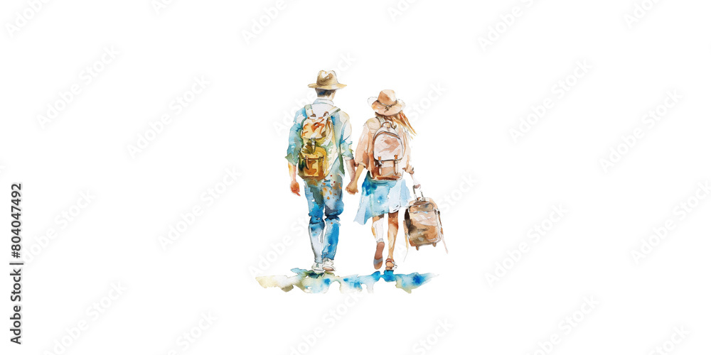 watercolor, couple holding hands and wearing backpacks with luggage on white background
watercolor, couple holding hands and wearing backpacks with luggage on white background
