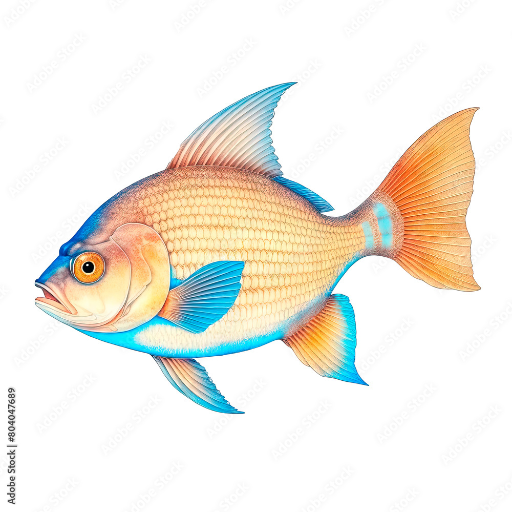 Crucian carp on a white background is highlighted in the style of a vintage biological illustration.