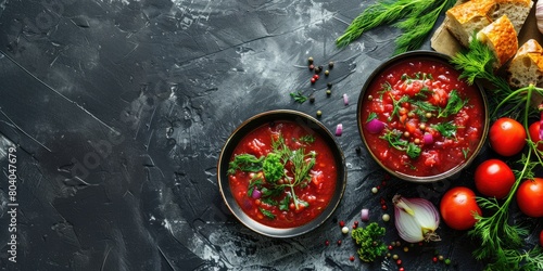 Beet root soup borscht on a dark blue table with vegetables, top view. Homemade food background with copy space 