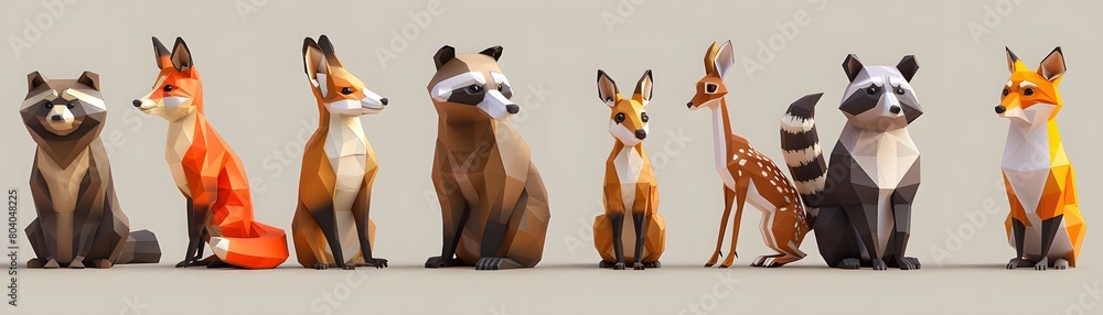 Obraz premium Safari Animals in a Forest Setting Featuring Bear, Raccoon, Fox, Hare, and Squirrel