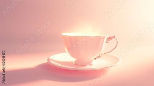 A delicate porcelain teacup emitting a soft, ethereal glow, set against a light, pastel pink solid background, creating a sense of tranquility and elegance. 32k, full ultra hd, high resolution