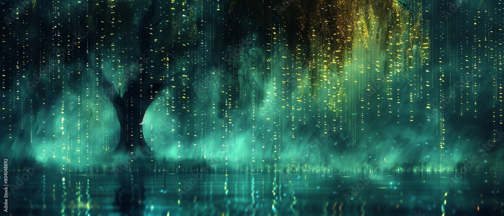 Artistic depiction of weeping willow trees with droplets falling from their leaves, symbolizing tears in a dry, serene landscape Artistic depiction of weeping willow trees with droplets falling from their leaves, symbolizing tears in a dry, serene landscape