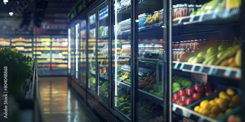 Refrigerated foods in Supermarket shelves with variety of food, fruits and beverages. photo