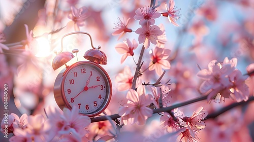 Alarm clock with cherry blossoms, switch to daylight saving time in spring, summer time changeover. Image of time. copy space for text.